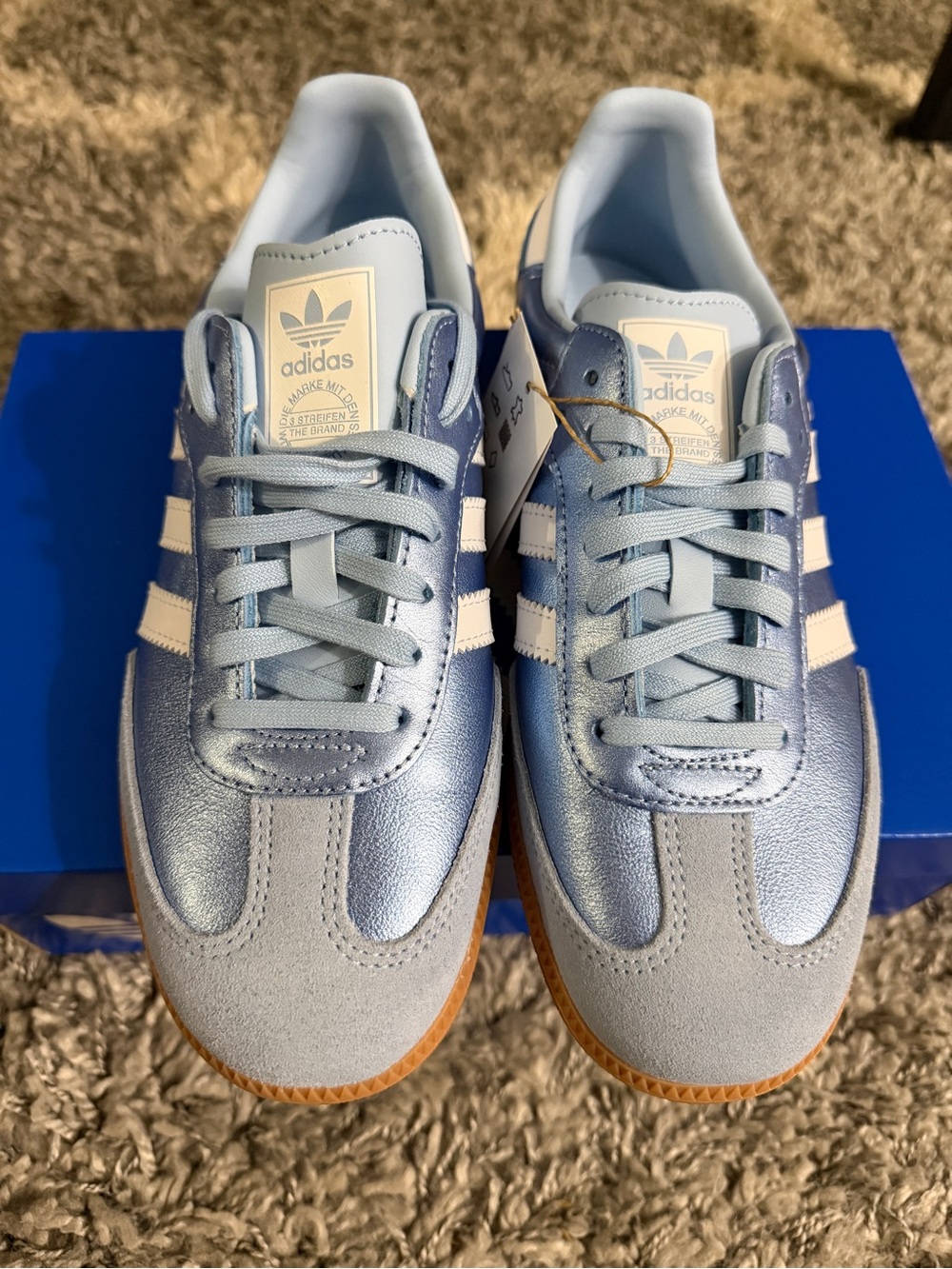 adidas Samba Classic Shoes in metallic Light Blue and White stripes